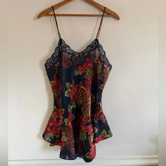 Victoria's Secret Navy Floral Lace Nightie 2pc Size M Gold Label 90s Coquette - Picture 1 of 12